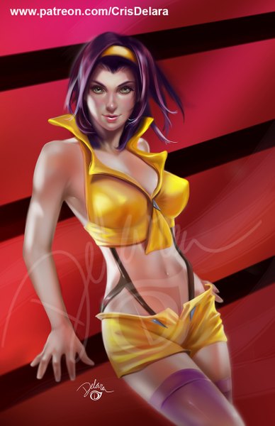 Anime picture 800x1236 with cowboy bebop sunrise (studio) faye valentine cris delara single tall image looking at viewer short hair breasts light erotic simple background green eyes signed purple hair lips erect nipples sleeveless lipstick covered nipples pink lipstick