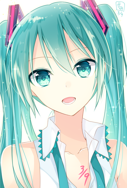 Anime picture 676x1000 with vocaloid hatsune miku goma (11zihisin) single long hair tall image looking at viewer simple background white background twintails signed aqua eyes aqua hair tattoo close-up girl vest