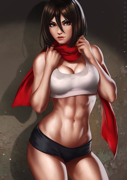 Anime picture 800x1129 with shingeki no kyojin production i.g mikasa ackerman dandon fuga single tall image looking at viewer fringe short hair breasts blue eyes light erotic black hair large breasts standing lips realistic bare belly shadow muscle