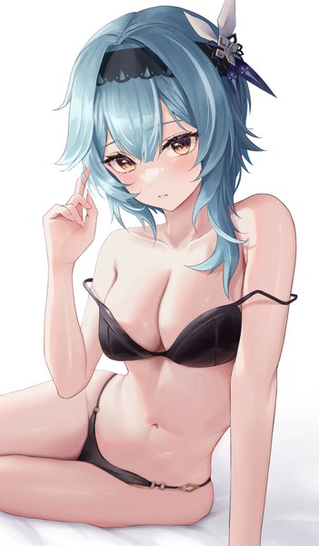 Anime picture 2397x4093 with genshin impact eula lawrence vivid (vividusss) single tall image looking at viewer blush fringe highres short hair breasts light erotic simple background hair between eyes large breasts white background sitting yellow eyes blue hair parted lips