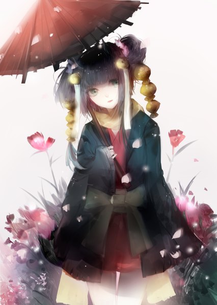 Anime picture 1240x1748 with sa'yuki single tall image looking at viewer fringe open mouth simple background white background twintails holding wide sleeves glow girl flower (flowers) petals umbrella obi oriental umbrella