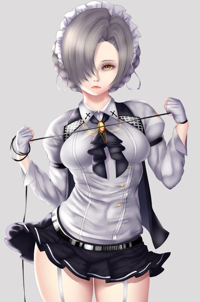 Anime picture 2320x3504 with azur lane sheffield (azur lane) sheffield (muse) (azur lane) shiro usagi single tall image looking at viewer fringe highres short hair breasts simple background large breasts standing holding yellow eyes braid (braids) long sleeves pleated skirt lips