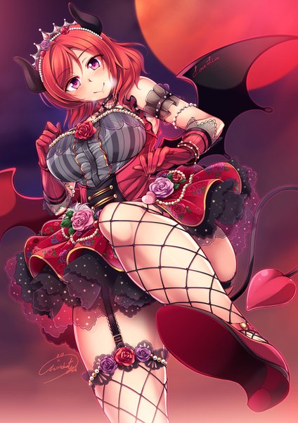 Anime picture 724x1024 with love live! school idol project sunrise (studio) love live! nishikino maki windart single tall image looking at viewer blush short hair breasts light erotic smile large breasts purple eyes red hair horn (horns) legs girl thighhighs