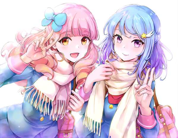 Anime picture 1200x930 with aikatsu! aikatsu friends! yuuki aine minato mio tokeshi long hair looking at viewer open mouth simple background smile white background purple eyes multiple girls yellow eyes blue hair pink hair drill hair victory half updo girl