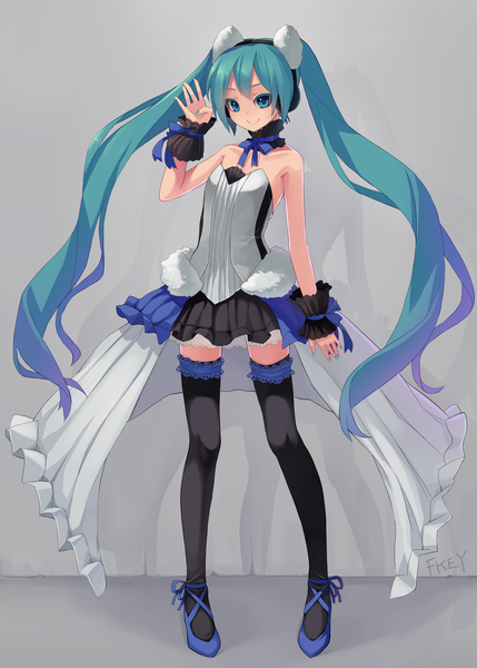 Anime picture 2452x3432 with vocaloid hatsune miku fkey single long hair tall image highres blue eyes twintails absurdres aqua hair grey background girl thighhighs dress black thighhighs wrist cuffs