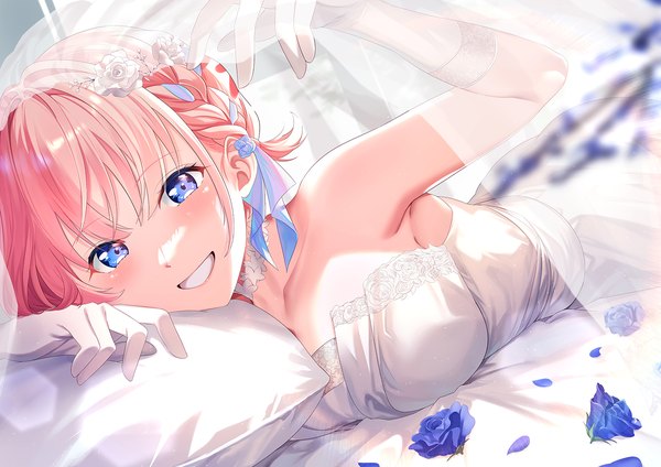 Anime picture 1754x1240 with go-toubun no hanayome nakano ichika dance of eternity single looking at viewer blush highres short hair blue eyes smile pink hair lying grin on stomach girl dress gloves flower (flowers) ribbon (ribbons) hair ribbon