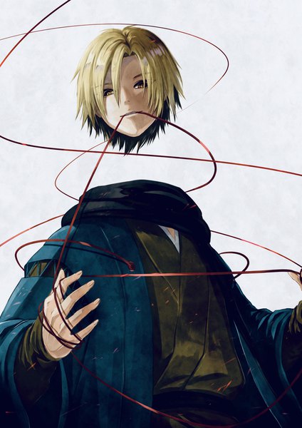 Anime picture 2893x4092 with nurarihyon no mago kubinashi noraillust single tall image looking at viewer highres short hair simple background blonde hair holding yellow eyes traditional clothes japanese clothes mouth hold ribbon in mouth disembodied head boy scarf thread