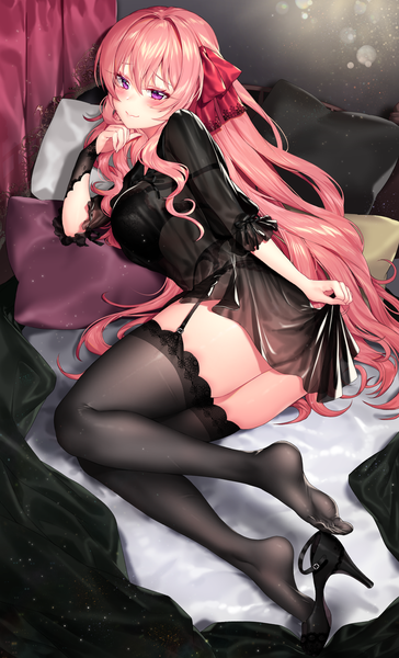 Anime picture 3100x5100 with original ia (ias1010) single long hair tall image looking at viewer blush fringe highres breasts light erotic smile hair between eyes purple eyes pink hair absurdres bent knee (knees) reclining dress lift shoe dangle