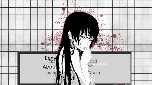 Anime picture 2133x1200 with hell girl studio deen enma ai single long hair looking at viewer highres black hair red eyes wide image bare shoulders girl
