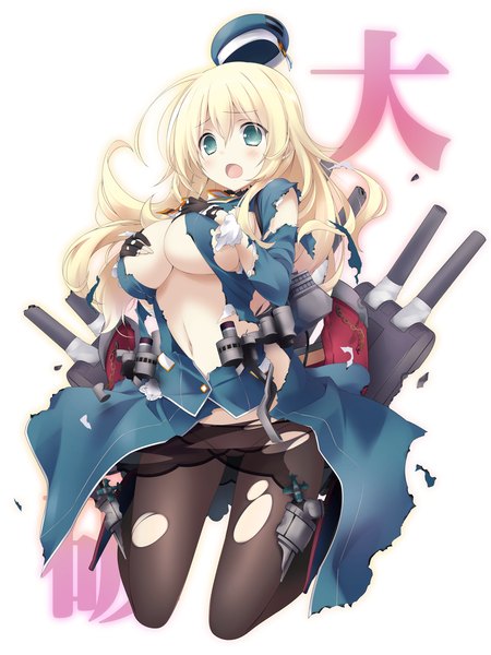 Anime picture 901x1200 with kantai collection atago heavy cruiser sakana single long hair tall image blush breasts open mouth blue eyes light erotic blonde hair large breasts torn clothes torn pantyhose girl pantyhose