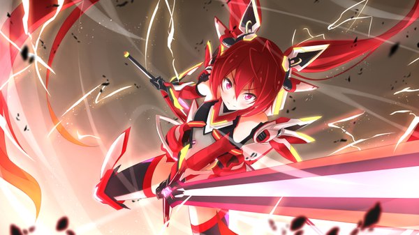 Anime picture 1600x900 with ore twintail ni narimasu production ims tail red keikei (kitty colors) single looking at viewer blush fringe light erotic hair between eyes red eyes wide image twintails holding bent knee (knees) red hair very long hair multicolored hair from above wind