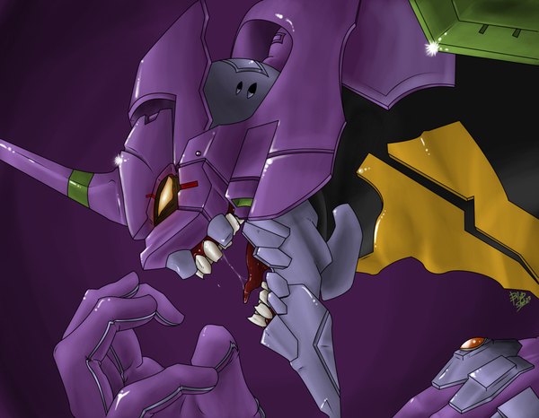 Anime picture 4276x3328 with neon genesis evangelion gainax eva 01 highres open mouth simple background absurdres horn (horns) purple background tongue mecha