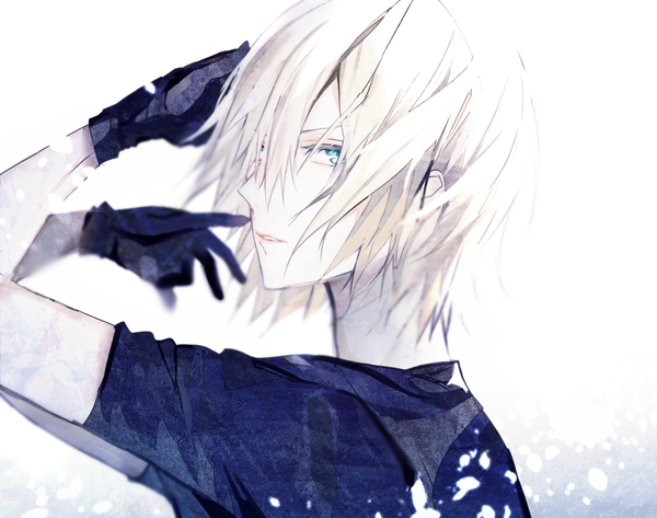 Anime picture 1200x947 with yuri!!! on ice mappa yuri plisetsky poni (rito) single looking at viewer fringe short hair blue eyes blonde hair simple background hair between eyes white background arms up boy gloves black gloves