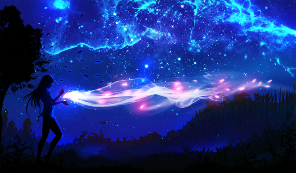 Anime picture 1595x936 with original ryky single long hair wide image standing sky wind night night sky magic glowing mountain girl plant (plants) tree (trees) star (stars)