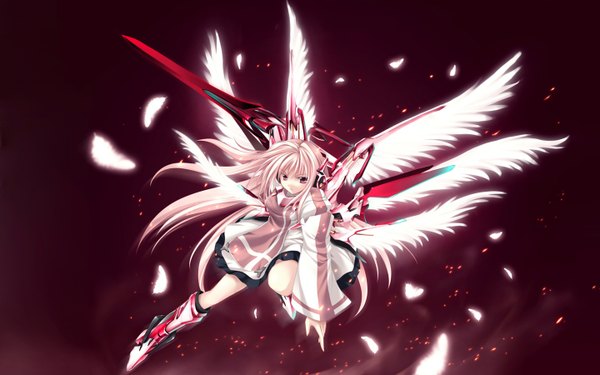 Anime picture 1440x900 with original tateha (marvelous grace) single long hair looking at viewer red eyes wide image pink hair full body red background angel mechanical wings multiple wings girl sword wings feather (feathers)