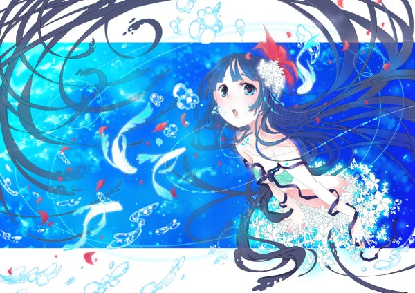 Anime picture 2480x1753 with pixiv hiiro (kikokico) long hair fringe highres open mouth blue eyes light erotic black hair looking away hair flower floating hair girl hair ornament underwear flower (flowers) swimsuit water bubble (bubbles) fish (fishes)
