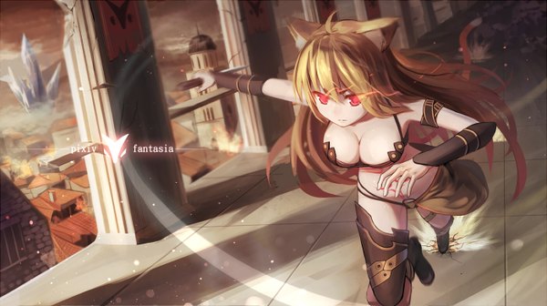 Anime picture 1400x786 with original pixiv fantasia pixiv fantasia t xiaoyin li single long hair fringe breasts light erotic red eyes wide image large breasts animal ears cleavage ahoge bent knee (knees) tail animal tail cat ears orange hair