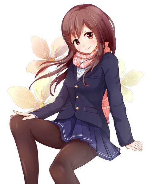 Anime picture 1518x1890 with original igayan single long hair tall image looking at viewer blush smile red eyes brown hair white background girl skirt uniform flower (flowers) school uniform pantyhose