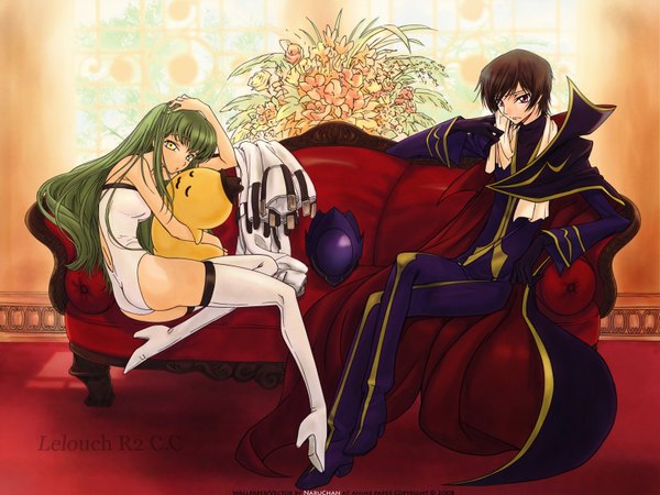Anime picture 1600x1200 with code geass sunrise (studio) c.c. lelouch lamperouge cheese-kun long hair looking at viewer fringe short hair light erotic brown hair sitting purple eyes yellow eyes green hair hand on head girl boy hat couch