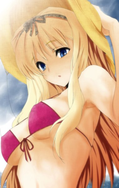 Anime picture 1023x1607 with to heart 2 leaf (studio) kusugawa sasara kawata hisashi jing fan wang single long hair tall image looking at viewer fringe open mouth blue eyes light erotic blonde hair bare shoulders holding sky bare belly from below armpit (armpits)