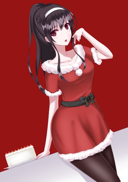 Anime picture 1762x2500 with saenai heroine no sodatekata a-1 pictures kasumigaoka utaha nether melody single long hair tall image looking at viewer highres black hair red eyes ponytail red background girl dress pantyhose hairband