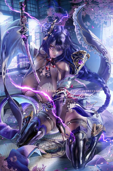 Anime picture 529x800 with genshin impact raiden shogun sakimichan single long hair tall image looking at viewer fringe breasts light erotic hair between eyes large breasts purple eyes bare shoulders holding signed purple hair full body bent knee (knees) indoors