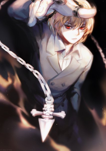 Anime picture 700x993 with hunter x hunter kurapica lucia (biblyoteka) single tall image looking at viewer fringe short hair blonde hair hair between eyes red eyes arm up fingernails from above shaded face open collar boy chain coat