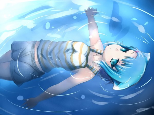 Anime picture 1600x1200 with original ast exception single short hair blue eyes animal ears blue hair lying cat ears cat girl wet t-shirt girl water shorts