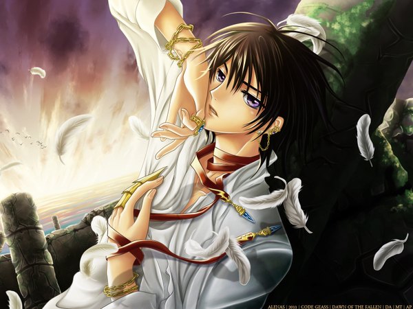 Anime picture 1600x1200 with code geass sunrise (studio) lelouch lamperouge looking at viewer short hair open mouth brown hair purple eyes evening sunset reclining boy ribbon (ribbons) animal shirt water sea bird (birds) jewelry feather (feathers)