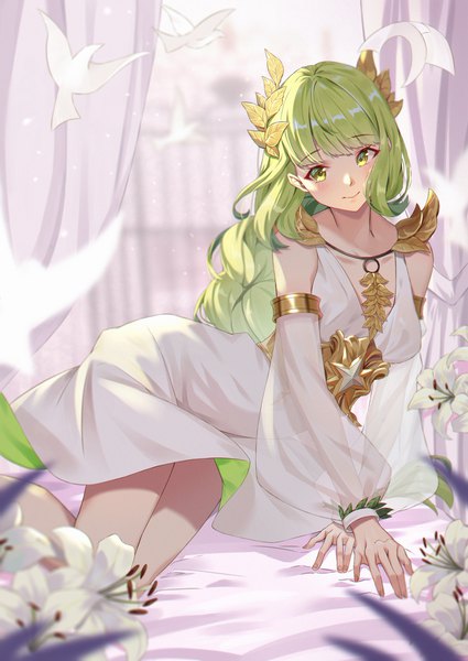 Anime picture 1756x2479 with afk arena flora (afk arena) calder (pixiv3698273) single long hair tall image looking at viewer blush fringe highres green eyes indoors blunt bangs head tilt green hair light smile blurry arm support puffy sleeves reclining