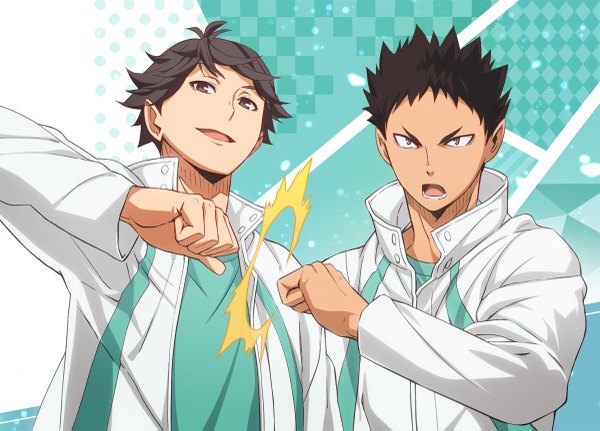 Anime picture 1200x863 with haikyuu!! production i.g ooikawa tooru iwaizumi hajime nyoronyoro looking at viewer fringe short hair blue eyes black hair smile brown hair brown eyes ahoge open jacket multiple boys teeth polka dot serious checkered