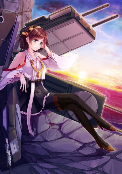 Anime picture 1000x1415 with kantai collection kirishima battleship hopper single tall image short hair blue eyes brown hair sitting sky cloud (clouds) traditional clothes evening sunset nontraditional miko girl hair ornament weapon detached sleeves glasses