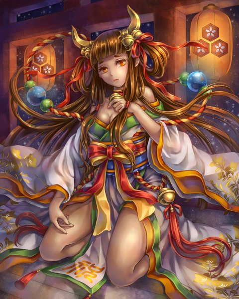 Anime picture 1400x1750 with original daphne zhang long hair tall image looking at viewer brown hair sitting bare shoulders cleavage nail polish japanese clothes horn (horns) lips sad flower (flowers) ribbon (ribbons) hair ribbon kimono