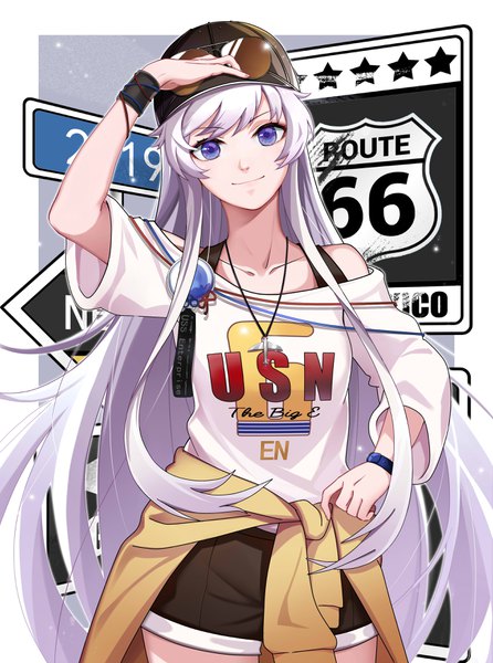 Anime picture 2600x3500 with azur lane enterprise (azur lane) enterprise (anniversary ride) (azur lane) mu shanmu san single tall image looking at viewer fringe highres smile standing purple eyes payot silver hair very long hair head tilt off shoulder hand on hip floating hair border