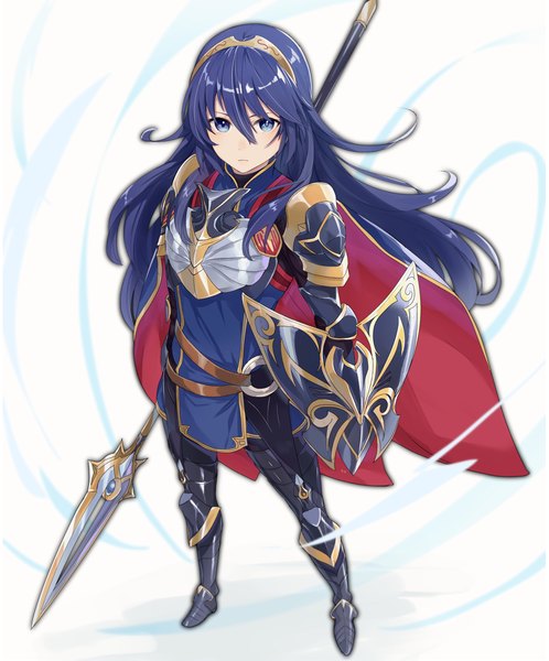 Anime picture 1342x1616 with fire emblem fire emblem awakening fire emblem heroes nintendo lucina (fire emblem) haru (nakajou-28) single long hair tall image looking at viewer fringe blue eyes simple background hair between eyes standing white background blue hair full body from above serious