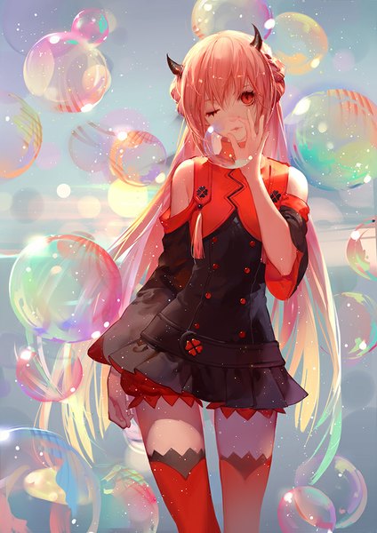 Anime picture 707x1000 with original pixiv fantasia pixiv fantasia fallen kings ask (askzy) single long hair tall image looking at viewer red eyes pink hair one eye closed horn (horns) wink girl thighhighs dress detached sleeves bubble (bubbles)