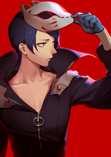 Anime picture 566x800 with persona 5 persona kitagawa yuusuke ask (askzy) single tall image short hair blue eyes simple background holding blue hair looking away upper body profile red background mask on head unzipped popped collar boy gloves