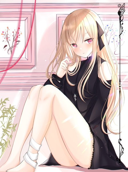 Anime picture 1104x1475 with original syara 20001 single long hair tall image looking at viewer blush fringe light erotic blonde hair hair between eyes sitting bare shoulders payot bent knee (knees) pink eyes barefoot bare legs sparkle shadow