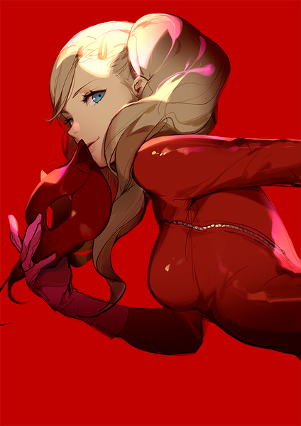 Anime picture 566x800 with persona 5 persona takamaki anne ask (askzy) single long hair tall image looking at viewer fringe breasts blue eyes simple background blonde hair smile twintails holding upper body profile looking back leaning