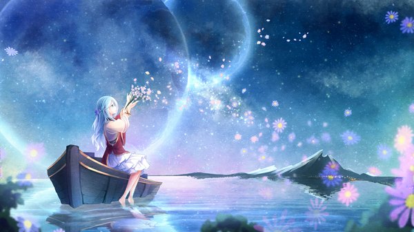 Anime picture 1172x658 with original yonema single long hair blue eyes wide image sitting holding blue hair looking away bent knee (knees) barefoot bare legs no shoes reflection mountain constellation milky way girl flower (flowers)