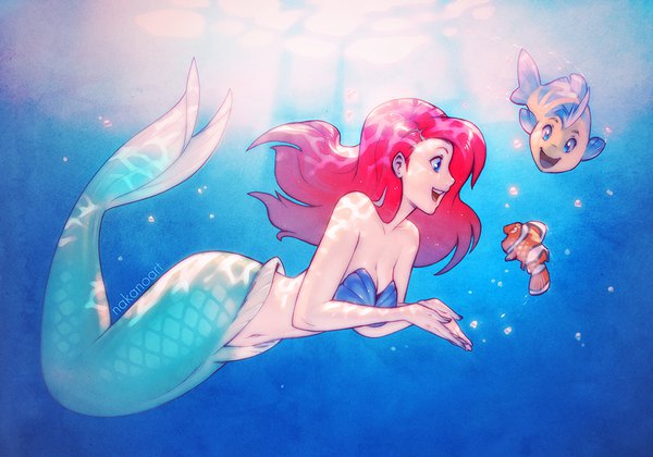 Anime picture 1000x700 with the little mermaid finding nemo disney ariel flounder (the little mermaid) nemo (finding nemo) nakanoart single long hair open mouth blue eyes cleavage full body red hair :d profile underwater crossover monster girl girl