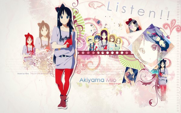 Anime-Bild 1280x800 mit k-on! kyoto animation akiyama mio kakifly long hair looking at viewer black hair wide image signed inscription wallpaper multiple persona girl bow hair bow shoes sweater photo (object)