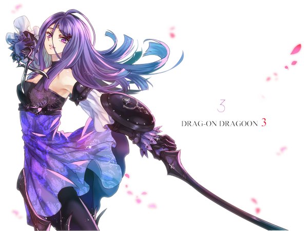 Anime picture 1280x960 with drakengard 3 drakengard three (character) nadir single long hair looking at viewer simple background smile white background purple eyes bare shoulders purple hair inscription girl dress gloves weapon detached sleeves petals
