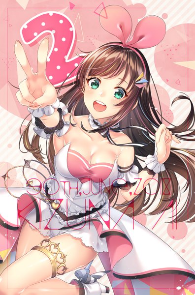 Anime picture 1055x1600 with virtual youtuber a.i. channel kizuna ai kizuna ai (anniversary) kitazume kumie single long hair tall image looking at viewer blush fringe breasts open mouth light erotic brown hair bare shoulders payot cleavage multicolored hair arm up