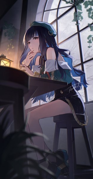 Anime picture 1192x2284 with fate (series) fate/grand order tenochtitlan (fate) tenochtitlan (second ascension) (fate) fomnant single long hair tall image fringe black hair sitting indoors blunt bangs multicolored hair black eyes colored inner hair girl window beret chair
