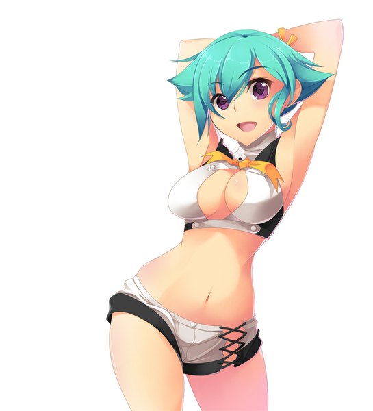 Anime picture 908x1000 with aquarion (series) aquarion evol satelight zessica wong koflif tall image short hair breasts open mouth light erotic simple background large breasts white background purple eyes green hair midriff girl navel shorts white shorts