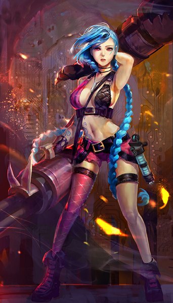 Anime picture 571x1000 with league of legends jinx (league of legends) rabbit (tukenitian) single long hair tall image looking at viewer blush breasts open mouth blue eyes light erotic large breasts bare shoulders cleavage braid (braids) pink eyes lips bare belly armpit (armpits)