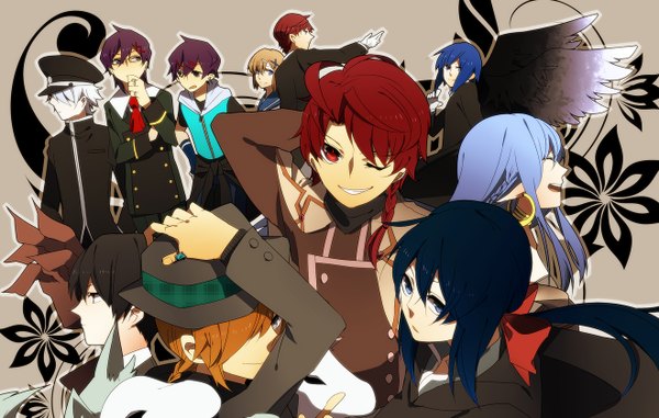 Anime picture 1320x840 with original nouka yura short hair blue eyes black hair red eyes blue hair purple hair white hair red hair eyes closed one eye closed pointy ears wink orange hair group hat wings cap