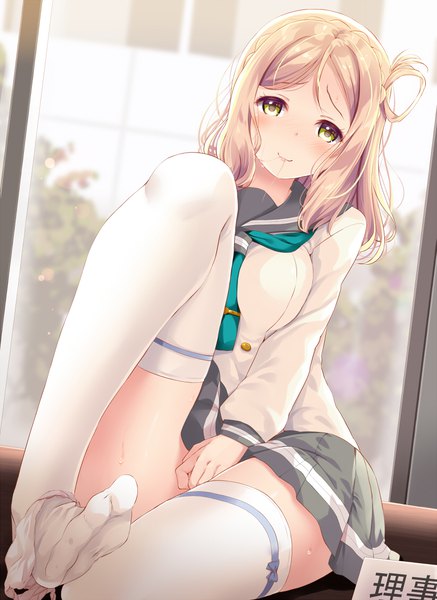 Anime picture 821x1125 with love live! sunshine!! sunrise (studio) love live! ohara mari komone ushio single long hair tall image looking at viewer blush light erotic blonde hair sitting yellow eyes head tilt legs hair rings panties around one leg hair in mouth girl