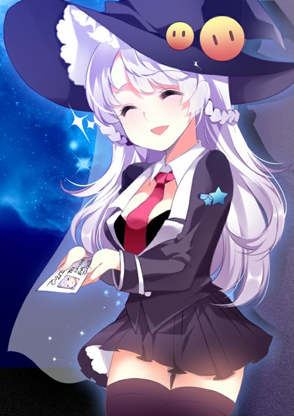 Anime picture 680x960 with sword girls roh nam kyung single long hair tall image fringe breasts open mouth smile holding purple hair eyes closed :d night zettai ryouiki night sky girl thighhighs skirt black thighhighs